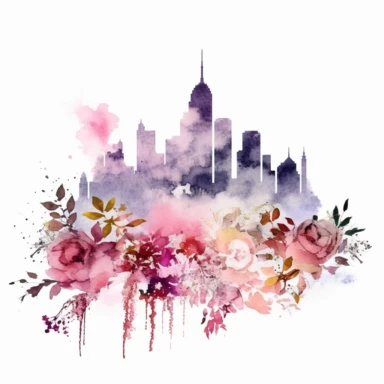 silhouette of New York skyline clipart, surrounded by flowers, watercolor style, white background