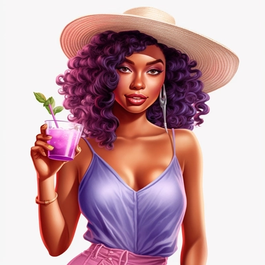 pretty black girl, Sun Straw Hat Wide Brim Summer Hat Foldable Roll up Floppy Beach Hats, pretty, holding a cocktail drink, lilac outfit, 4k, hd, clipart