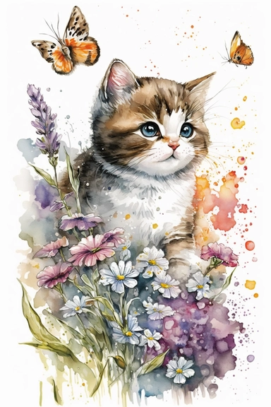 Adorable chaton jouant avec papillon et fleurs : Clipart aquarelle,réalisé félin mignon, utilisation commerciale, 300 DPI, Art mural, fabrication de cartes,