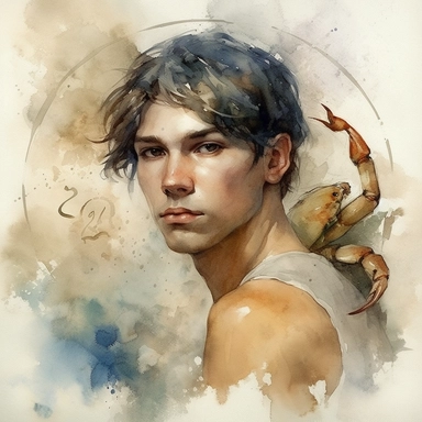 zodiac sign cancer a handsome man, clip art, fantasy, watercolor, realism, serge marshennikov, crab on background