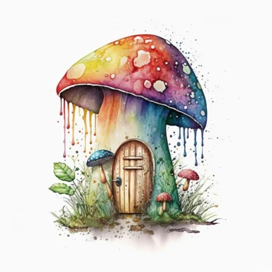 cute rainbod mushroom with a small quaint door, watercolor clipart, white background, detailed, vibrant color, in the style of the hobbit