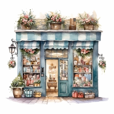 watercolor clipart of a cute vintage flower shop, sparkles, cosy winter wonderland vibes, isolated on white background