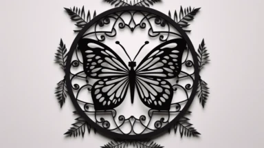 laser cut octagon with butterfly botanical pattern top view svg black and white flat svg clipart vector clean lines line art black on white background laser cut — 4 v