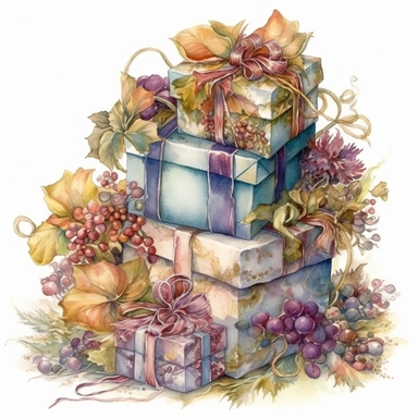 insanely beautiful pile of 3 gift packages , in the style of beatrice potter and jody Bergsma,32k uhd, hand-painted details, pastoral illustrations, amazing colour combinations , aquarellist, hd , white background clipart ,-- no watermark--ar 27:37