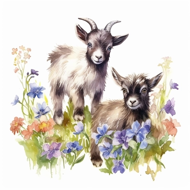 baby dwarf Nigerian goats playing in wildflowers , very detailed and realistic, watercolor, white background with margins, clipart style