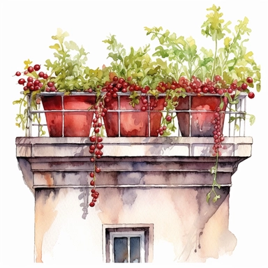 Commercial shot of ultra - realistic watercolor painting of a cute cranberry themed balcony with plants, clipart, aesthetic, good looking food, delicious, yummy, foodie, healthy, white background no text, isolated on white, watercolor illustration, award winning, strong and sharp lines