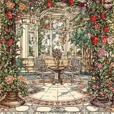 vector with white border, realistic victorian patio garden, watercolor, rococo, bright colors with, black outlines, contour, clipart, white background, hd