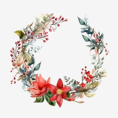 Christmas circle flower Christmas watercolor composition with twigs on a white background. wreath, frame, and border. Greeting card, poster, or banner with space for text CUTE STICKER Frealistic cartoon in 32K UHD cute. 15 cm thick outline. Black color. There was no shadow on the ground. 8K with realistic watercolors and detailed illustrations. PNG clipart, transparent white background