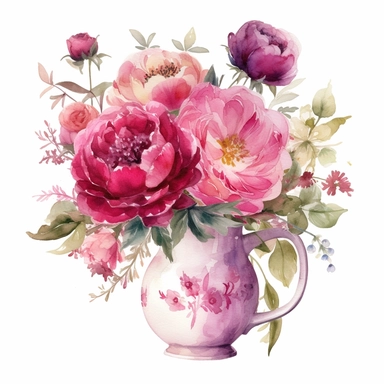 elegant watercolor small arrangement of 1 bright and dark pink General MacMahon peony with carnations, roses, ranunculus and astrantia on a small jug clipart, hd, on white background