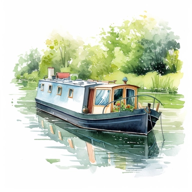 watercolour, pretty canal boat, detailed, summer time, clipart, white background