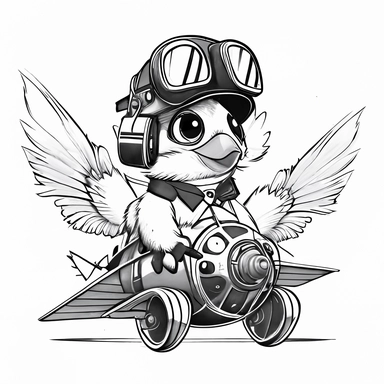 black and white hyper specialyzed coloring page for kids, chicken pilot a realistic biplane with clear background, white background, hand drawn line art, clipart, no fill, no dither
