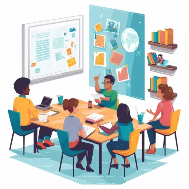 Clipart showcasing a classroom scene with students sitting at desks, a whiteboard, and educational materials.