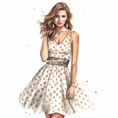 watercolor, hyper realistic, white background, white margins, 16k, ultra detailed clipart, cut out image, hand-drawn, whimsical a pretty lady wear a vintage-inspired polka dot dress with a sweetheart neckline, reminiscent of the classic summer style.