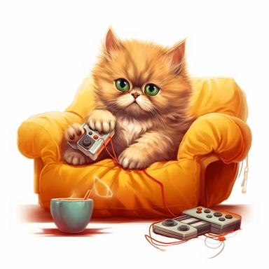 very cute orange Persian kitten playing video games on the couch clipart