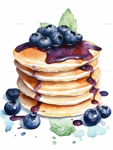 watercolor clipart high detailed pancakes with blueberry, on white background
