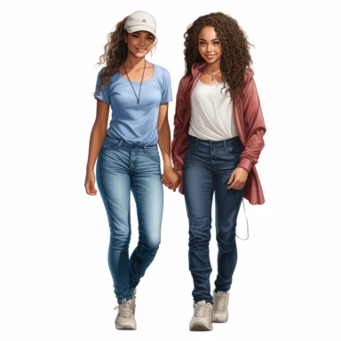 realistic illustration of two female african american friends standing very close to each other. Ladies are wearing denim jeans and a short top, belly is visible, modern look. Clipart, isolated on white background, 4K