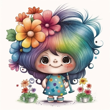 watercolour cute hairdresser style rainbow little troll girl, hairdresser, hairstylist troll character, holding scissors, hair brush, hairdryer, whimsical, adorable, cute, flowers, full image, big cute adorable eyes, Clipart style, white background