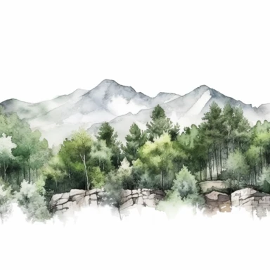 Watercolor wide mountain scene with trees, beautiful details, ultra detailed, ultra photo real intricate detailed, high definition, graphic clipart, hyper realistic, detailed, white background