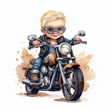 Cute little biker boy riding a Harley Davidson watercolour white background clipart