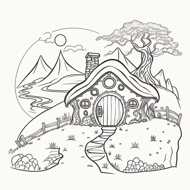 Coloring book page for kids, a hobbit house in a hill, clipart, cartoon kids style hand drawn line art, black and white