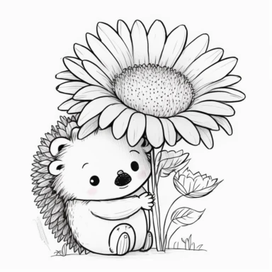 Happy cute cartoon hedgehog hugs a flower, white background, anime style, incredibly detailed , thick outline , Create a sketch of a black and white  Cute and adorable cartoon it , fantasy, dreamlike, surrealism, super cute, trending on artstation design, in a minimal and lineal style. The tattoo should be simple, with clean lines and minimal detail. The sketch should be done in pen or pencil , looking to the camera, clipart, , white background, summer flowers at the bottom, cute, love vibes, su