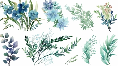 clipart set of watercolor boho wedding greenery arrangements, horizontal stretch, minimalist, exquisite beauty, very detailed, intricate, teal turquoise emerald mauve colors, isolated on a white background