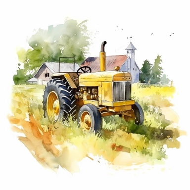 detailed watercolor yellow farm tractor on farmland on a summer day clipart