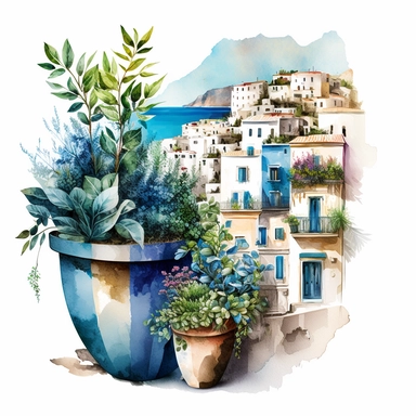 beautiful watercolor clipart of a view of a Mediterranean village with houses, potted plants and italian seascape, warm summer blue, aqua and white hues, compositions on an isolated white background. Bright landscapes illustrations, highly detailed