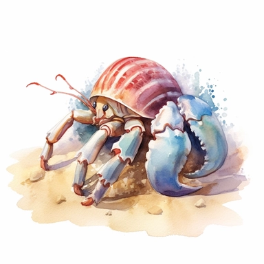 watercolor hermit crab on beach clipart, white background, no text