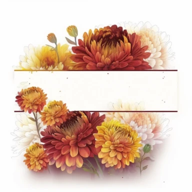 detailed vibrant watercolor rectangle yellow orange chrysanthemum flower border with maroon border line and with wide middle white space , isolated on white background, realistic, clipart