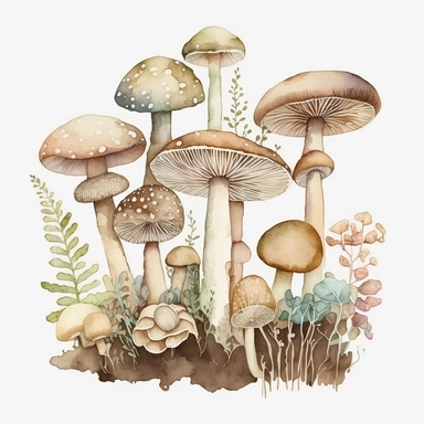 watercolor, mashrooms in pastel beige color, a lot of details, good quality illustration, clipart, white background