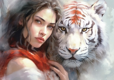 Fixed camera, Watercolor sketch, simple Clip art, An oil painting of a girl holding a white and yellow tiger, in the style of anne stokes, josephine wall, chiaroscuro portraitures, red, animated gifs, vladimir volegov, fujifilm natura 1600 realistic line art, portrait,