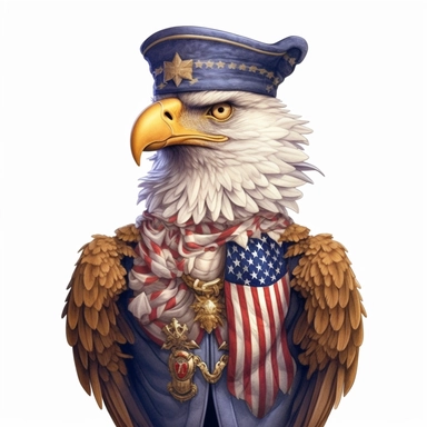 digital clipart, solid white background, a realistic golden patriotic eagle wearing 4th July apparel