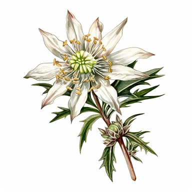 edelweiss flower , Beautiful Watercolor Art, Charming, Isolated on White Background Floating on White Background, Crispy Details, Watercolor, High Resolution, High Quality Art, Clear, Vibrant, Rich Colors, Sharp, Vivid Details, 300 dpi, Clipart
