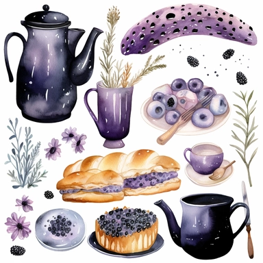 watercolor illustrations of various items including tea, coffee, baked goods and flowers, in the style of light purple and navy, primitivist style, dotted, ingrid baars, southern countryside, purple and black, lively tableaus, Clipart Collection, objects isolated on white background