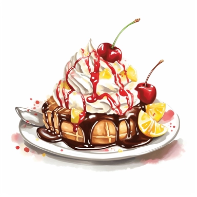 Clipart, watercolor, white background: Generate a mouthwatering clipart of a banana split, featuring a split banana topped with scoops of chocolate, vanilla, and strawberry ice cream, drizzled with hot fudge, caramel, and finished with whipped cream and a cherry on top