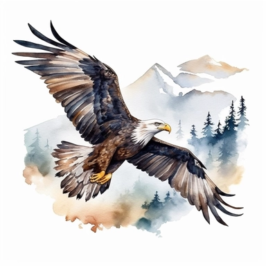 Cute Beautiful Eagle Flying square Background Watercolor Clipart,Cartoon, hyper realistic, intricate detail, illustration style,high solution,on the white background