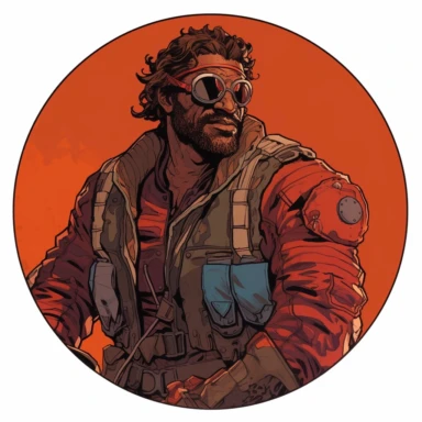 A circular tondo depicting a Dungeons & Dragons character lightly-armored African-heritage human dirty filthy grungy hobo badass survivalist ranger warrior, Mike Allred Josh Kirby Mad Max Lord of the Rings, handpainted retrowave, clipart illustration, circle solid background