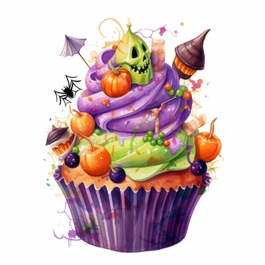 delicious Halloween cupcake with vibrant green, purple, orange, black, colours, witches hats, skulls, spiders and bats, pumpkins and candy confetti, owatercolour illustration clipart, extremely detailed, 4k, high quality, isolated on white background