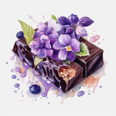 high level watercolor, hyper realistic, white background with margins, 8k, ultra detailed clipart, A mystical chocolate bar with enchanted fillings that grant temporary magical powers. cool, fairy, purple