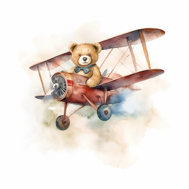 watercolor of teddy bear flying in a vintage biplane clipart