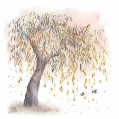 watercolor, hyper realistic, white background, white margins, 16k, ultra detailed clipart, cut out image, hand-drawn illustration style for picture books A group of fireflies flying around a weeping willow tree with golden leaves and a pale pink glow.