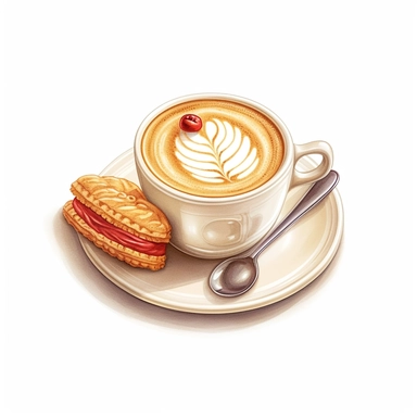 Isometric illumination of commercial shot of ultra - realistic watercolor painting of a really delicious coffee with a biscuit, latte art heart clipart, good looking food, delicious, yummy, foodie, healthy, white background no text, isolated on white, watercolor illustration, award winning, strong and sharp lines, upscale