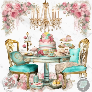 Make a clipart of a shabby chic, fairytale watercolor victorian breakfast nook, bright pastel colors of turquoise, green and pink, gold accents, rococo, black outlines, hd, white background