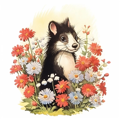 a skunk surrounded by flowers, 1970s children's book illustration, clipart, white background