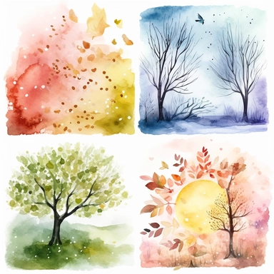 clipart Seasonal collage representing the four seasons (spring, summer, autumn, winter) watercolor 4K