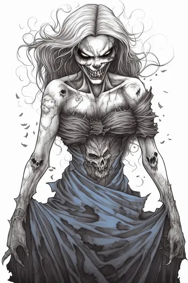 a college girl, fit-thick-build, wearing a high skirt and a cropped linen shirt, plunging neckline terrifying and evil Female Zombie, Full body, dripping liquid hand drawn, white background, pencil sketch, black and white, line art, coloring page for adults, printable outlined art, thin lines, intricate details, crisp lines, highly detailed, illustration, digital art, vectro, clip art, kawii, detailed grayscale, hand drawn art, charcoal sketch t shirt design, white background