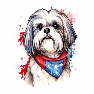 watercolor clipart illustration of a patriotic shih tzu wearing a bandana, red white and blue, hand painted details, clean and simple designs, solid background color, spaced out