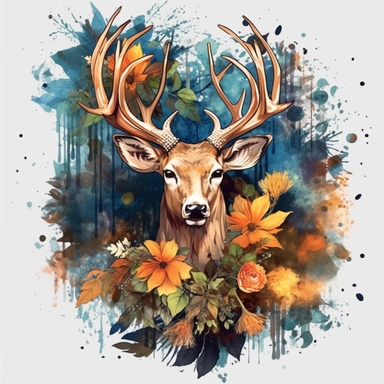 full deer head to tail with flowers in jungle view, creative art, shiny, rich color, super resolution, Pshycedelic PNG, Graffiti, Clipart, watercolor, realistic, 8k