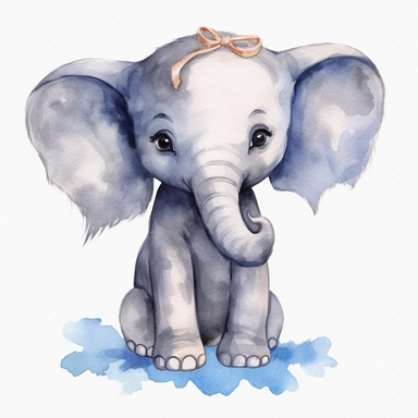 a baby female grey African elephant with a blue bow on head, stood sideways to the camera looking right, watercolour painting blank transparent background png clipart